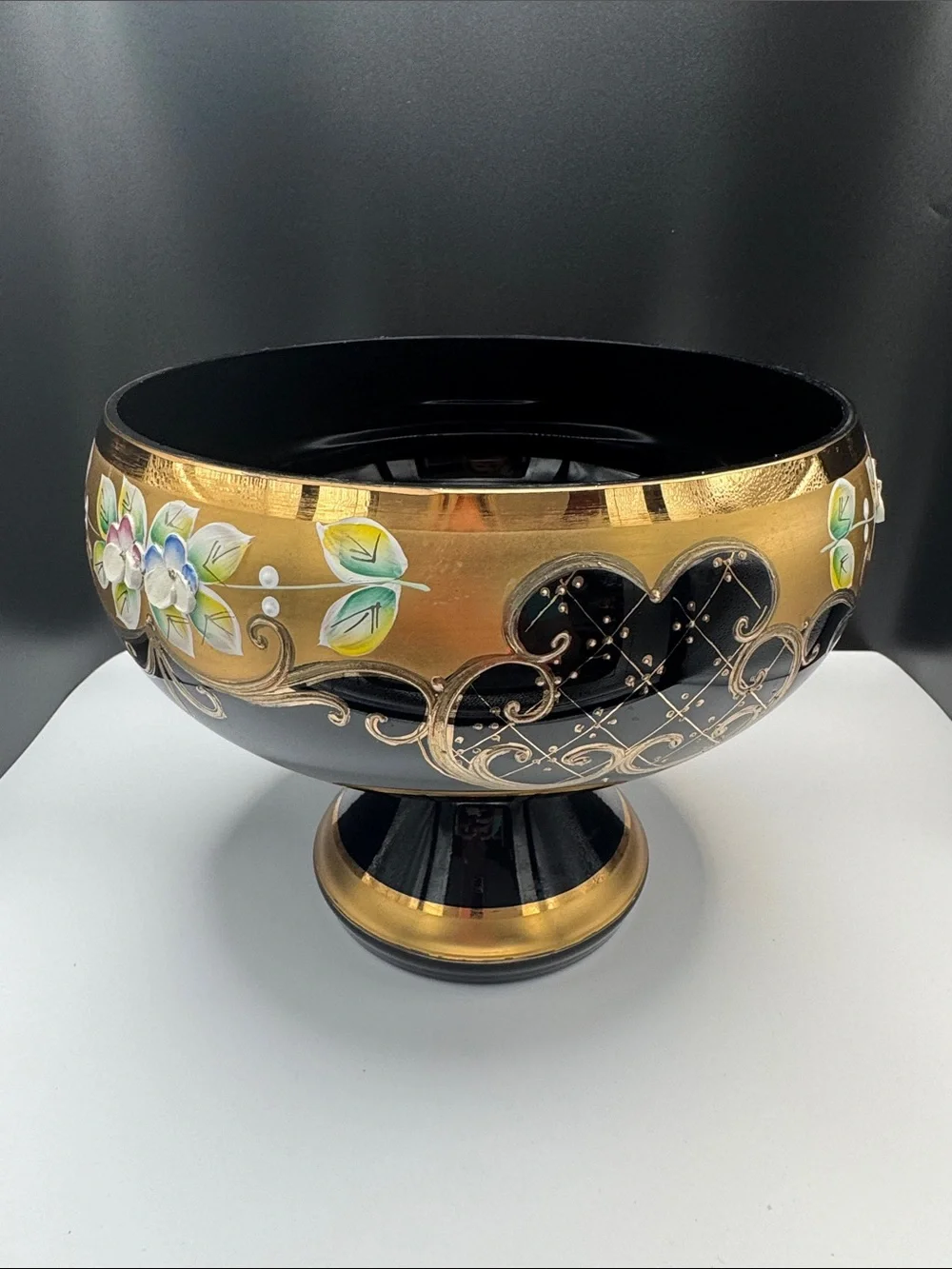 Hand-Painted Black and Gold Decorative Footed Bowl